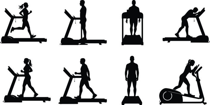 Black silhouettes of people running walking and standing on treadmill and elliptical machines isolated on white background for gym fitness and workout concept