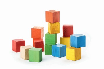 Naklejka premium Colorful wooden cubes blocks toy children isolated white background minimal clean composition bright shapes