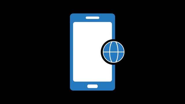 Smartphone with globe icon. Phone roaming icon represents mobile connectivity across all networks. Mobile internet access, concept of global connectivity. 2D Animation, 4K resolution, alpha channel.