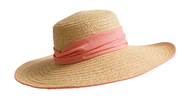 Beautiful woven straw sun hat with wide brim and delicate pink ribbon band