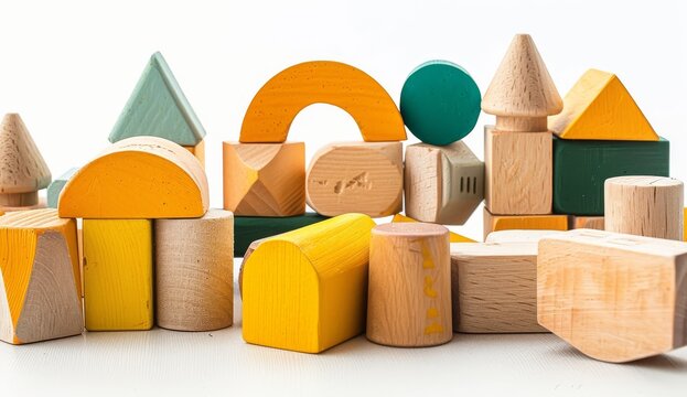 Wooden building blocks colorful shapes toy isolated white background simple clean arrangement learning play