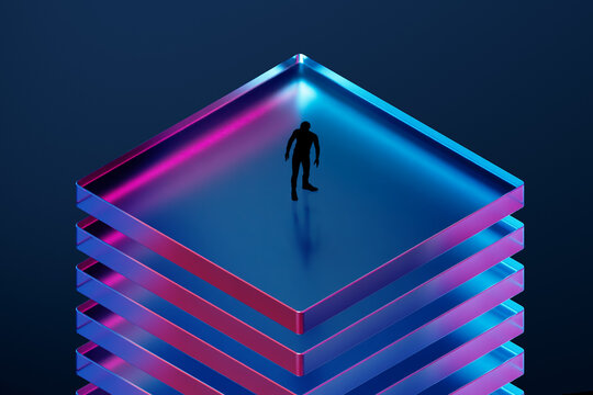 3D neon layer platform with human figure on stacked surface