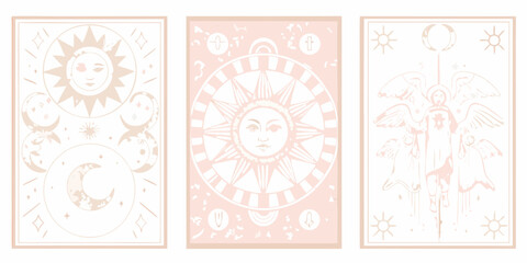 Fototapeta premium Three ornate tarot cards featuring celestial and angelic imagery in pink