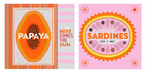 Colorful fruit and fish themed illustrations with bold typography © Tarun