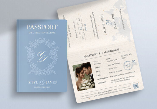 Passport Wedding Invitation Template, travel theme save the date card, RSVP invite suite