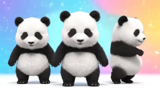 Three adorable panda cubs stand in a row, render art, happy mood, bright background, cartoon style, kawaii, animal theme, cubs standing, art.