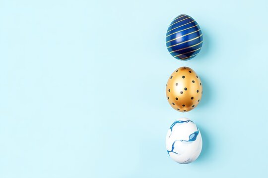 Three colorful easter eggs on light blue background with different patterns