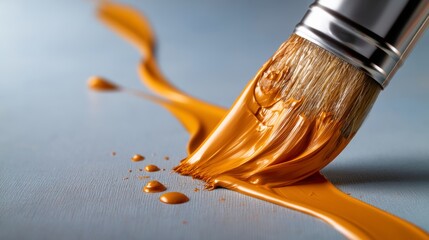 Fototapeta premium Paintbrush with orange paint creating a vibrant stroke on a textured blue canvas, showcasing the blending of colors and artistic expression in a creative workspace