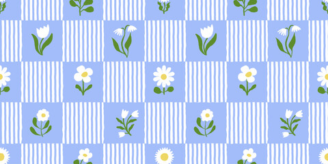Naklejka na ściany i meble Vector hand drawn seamless pattern in simple doodle sketchy floral wavy and groovy naive style, dopamine and cottage core aesthetic, spring abstract prints with flowers and stripes