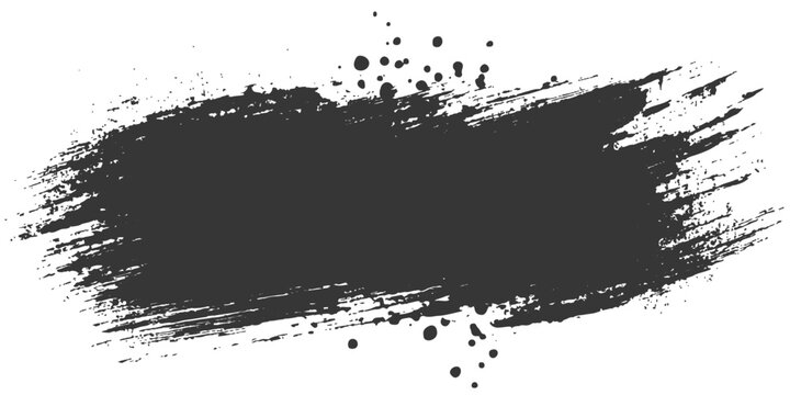 An abstract black ink splat with a dirty grunge texture and paint spray drips creates a silhouette style vector illustration element for a splash pattern border or banner design