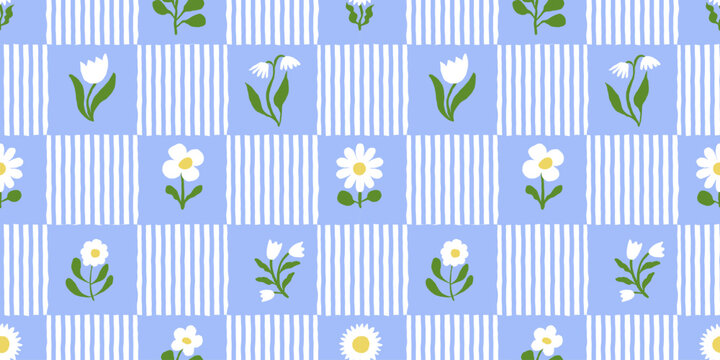 Vector hand drawn seamless pattern in simple doodle sketchy floral wavy and groovy naive style, dopamine and cottage core aesthetic, spring abstract prints with flowers and stripes