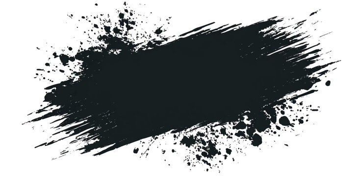 Abstract black ink splat with a grungy paint splash texture featuring artistic spray droplets and a dirty brush stroke pattern on a vector background