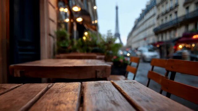 Spring Summer outdoor leisure relaxation activity. A closeup shot of an outdoor cafe or restaurant with a view of the Eiffel Tower in the background.
