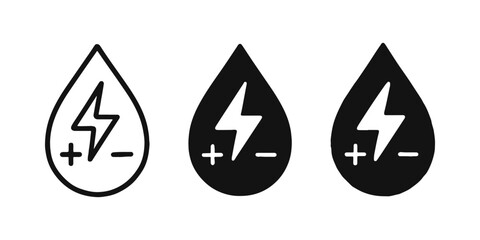 Energy drink or electrolyte drop icon set. Vector liquid power symbol with lightning bolt for hydration and vitality.