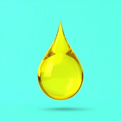 Yellow shiny transparent drop on aqua background, 3d render of a droplet