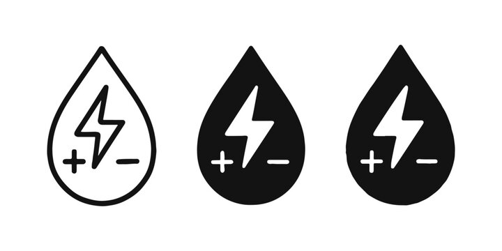 Energy drink or electrolyte drop icon set. Vector liquid power symbol with lightning bolt for hydration and vitality.