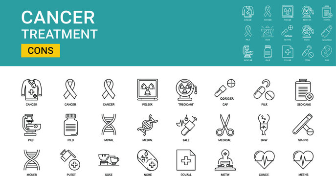 Large collection of cancer treatment line icons set featuring medical oncology symbols including radiation therapy chemotherapy pills awareness ribbons dna research and healthcare vector elements.