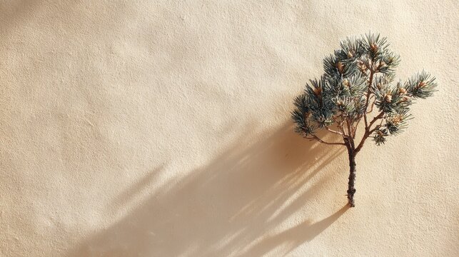 Tiny Pine Tree Casting Shadow on Warm Background Surface