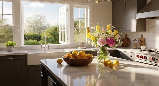sunlit kitchen during spring cleaning, sparkling countertops, fresh lemons and flowers on the table, open window with green garden outside, warm natural lighting, ultra detailed surfaces 