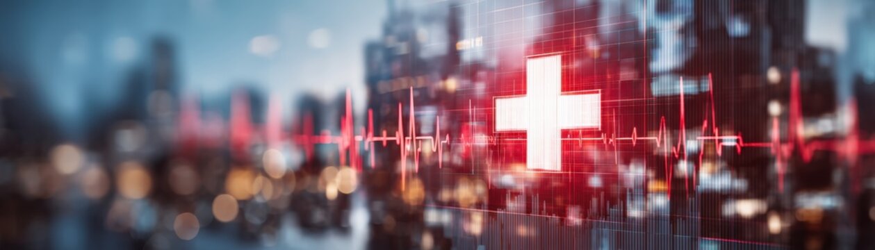 A glowing red medical cross with an EKG heartbeat line overlays a blurred cityscape, healthcare and emergency services in an urban environment, Medical during wars