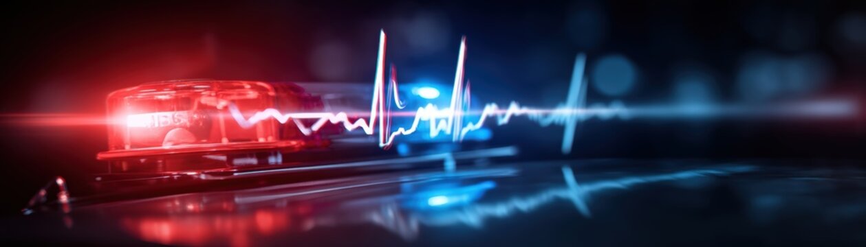 A close-up of a red emergency siren light with a heartbeat pulse line overlay, urgent medical or emergency services, Medical during wars