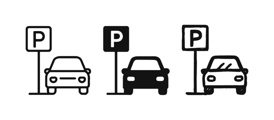 Parking spot and car icon set in different styles. Vector vehicle parking symbol collection for urban areas and traffic. © ICONS FOR YOU