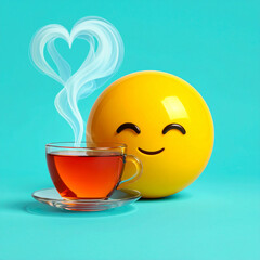 Tea in a transparent cup next to a cute smiling 3d emoji, smiley, emoticon, face with eyes closed, heart shaped steam, aqua background. 