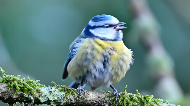 Close-Up of a Blue Tit Bird Perched on a Mossy Branch in Nature