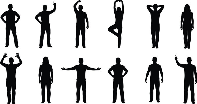 People silhouette set, human poses collection, standing gestures, male female figures, body language icons, vector illustration isolated on white background