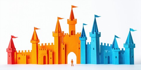 Fototapeta premium Colorful castle structures stand together. Miniature figure present near central gateway. Bright, playful composition.