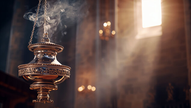 An ornate golden censer hangs from chains, releasing fragrant white smoke into the hallowed atmosphere of a church bathed in divine golden sunlight.