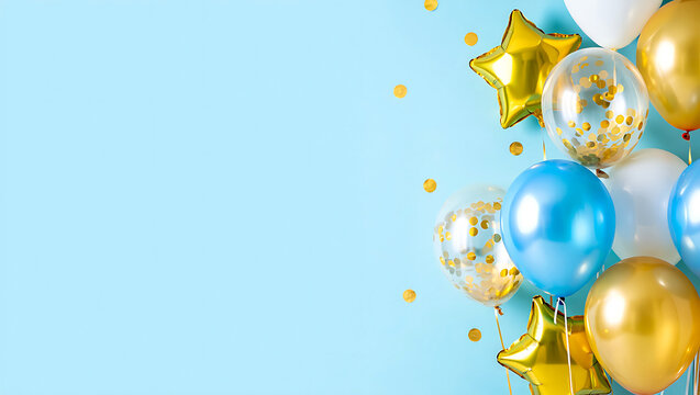 Festive balloons in gold white and blue creating a bright and joyful celebration with confetti falling on a light blue background