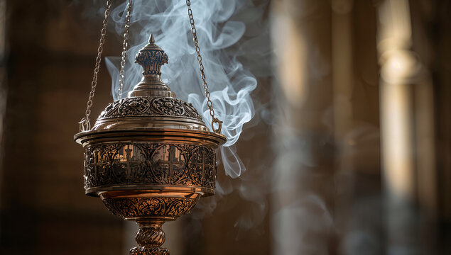 Ornate antique brass thurible suspended by chains releasing fragrant smoke during a solemn religious ceremony inside a dimly lit sanctuary