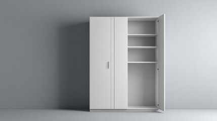 Fototapeta premium Minimalist White Cabinet Interior with Shelves and Empty Space