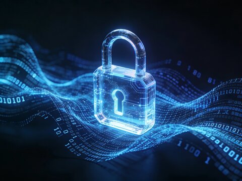 A glowing blue padlock secures a stream of binary code on a dark background on transparent background