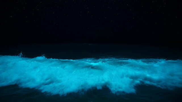 Ocean waves night sky with phosphorescent glow