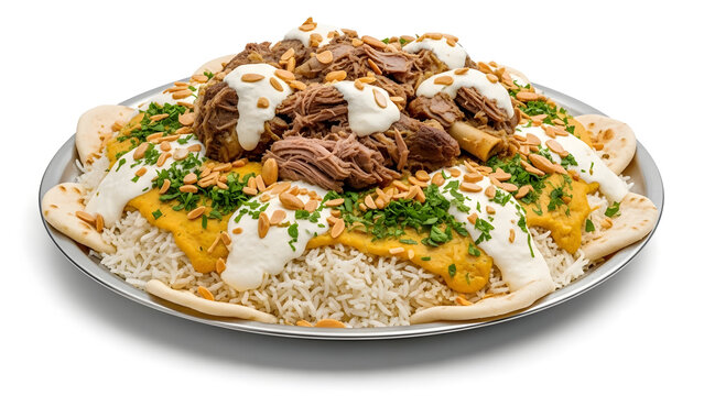 Delicious Mansaf  rice  platter with spiced meat and garnishes  