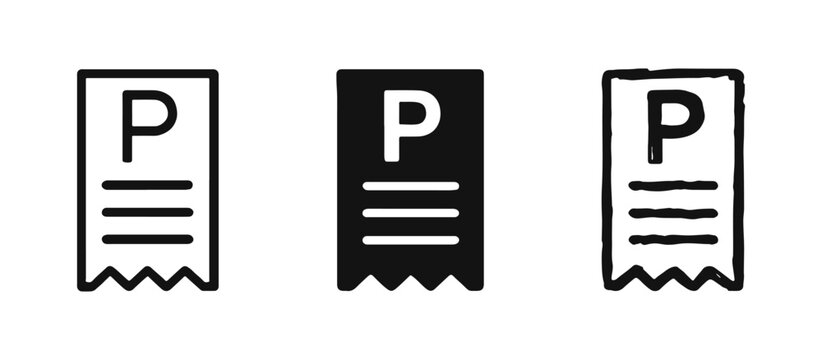 Parking ticket icon set. Receipt, fine, and payment for car park symbol.