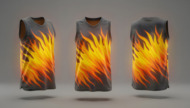 Front, side, and back view of sleeveless jersey with diagonal yellow-orange flame burst from lower left to upper right, dark base, perforated chest texture, and clean armhole finish.