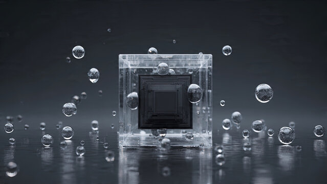 Transparent glass cube with dark recursive interior surrounded by floating crystal spheres on gray reflective surface