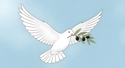 Fototapeta premium Peaceful white pigeon in flight carrying an olive branch with black olives in its beak.
