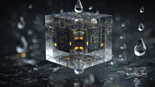 Transparent glass cube with dark recursive interior surrounded by floating crystal spheres on gray reflective surface