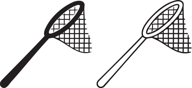 Minimalist butterfly net vector icons, black and white landing net line art, simple fishing net silhouettes for outdoor exploration and nature study