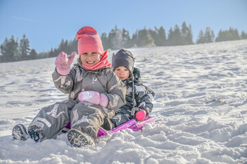 Two siblings experience the joy of winter together as they ride a sled down a snowy hill, creating lasting memories filled with excitement and happiness