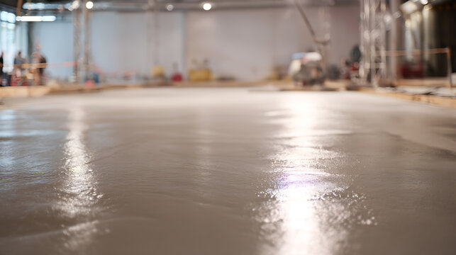 Freshly Poured Concrete Floor in Industrial Building: Smooth Surface Reflects Light, Workers in Background, Focus on Construction Project