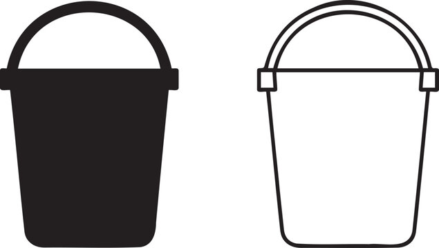 Minimalist bucket icon set, black silhouette and outline pail vector, cleaning equipment symbols