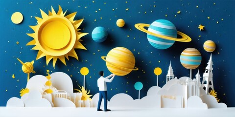 Fototapeta premium Papercraft scene depicts cosmos, cityscapes, person observing planets. Bright colors, whimsical style, dark background present.