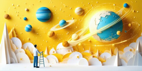 Fototapeta premium Papercraft scene depicts space exploration. Person climbs ladder toward planets, stars, bright yellow background. Minimalist design, whimsical aesthetic.
