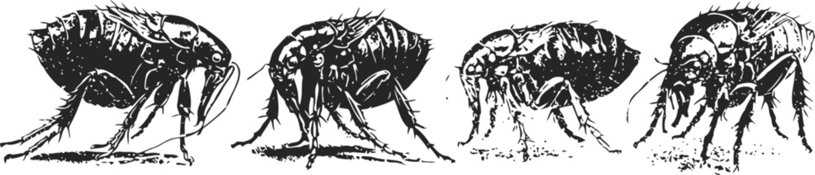 detailed black and white illustration of flea insect in various poses and side views