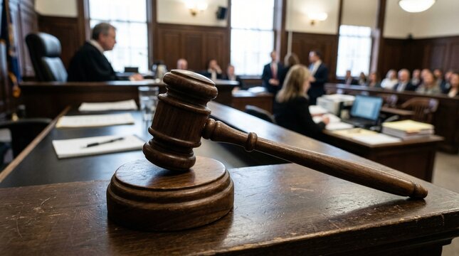 Courtroom Gavel on Judge's Bench with Blurred Legal Professionals and Jury in Background